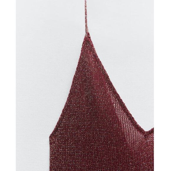 Zara LONG SPARKLY V-NECK KNIT MAXI DRESS in Maroon - Picture 4 of 12